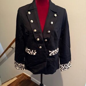 Chicos Women's Black Double-Breasted Jacket with Leopard Accents - Size 1